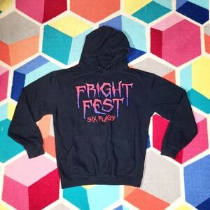 Six Flags Fright Fest Hoodie Sweatshirt Black Graphic Print Medium‎